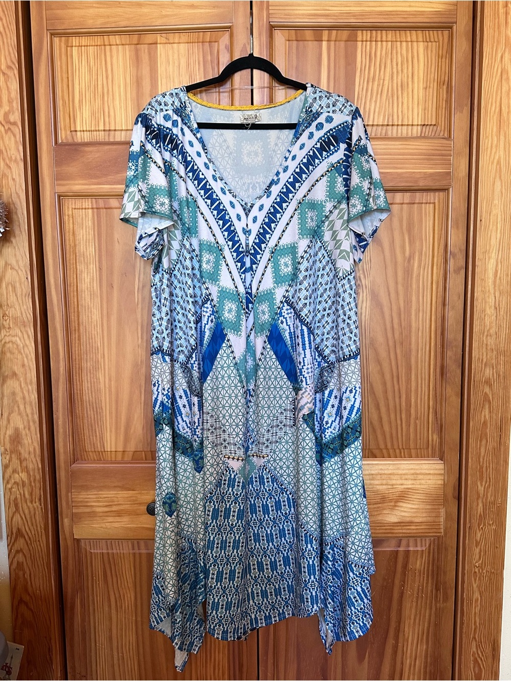 Boho One World Geometric V-Neck Dress in Blue & Teal 3x
